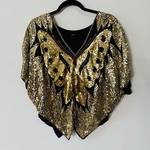 Beautiful Vintage Gold & Black Sequin Cape Style Silk Blouse By Linsiano Size M